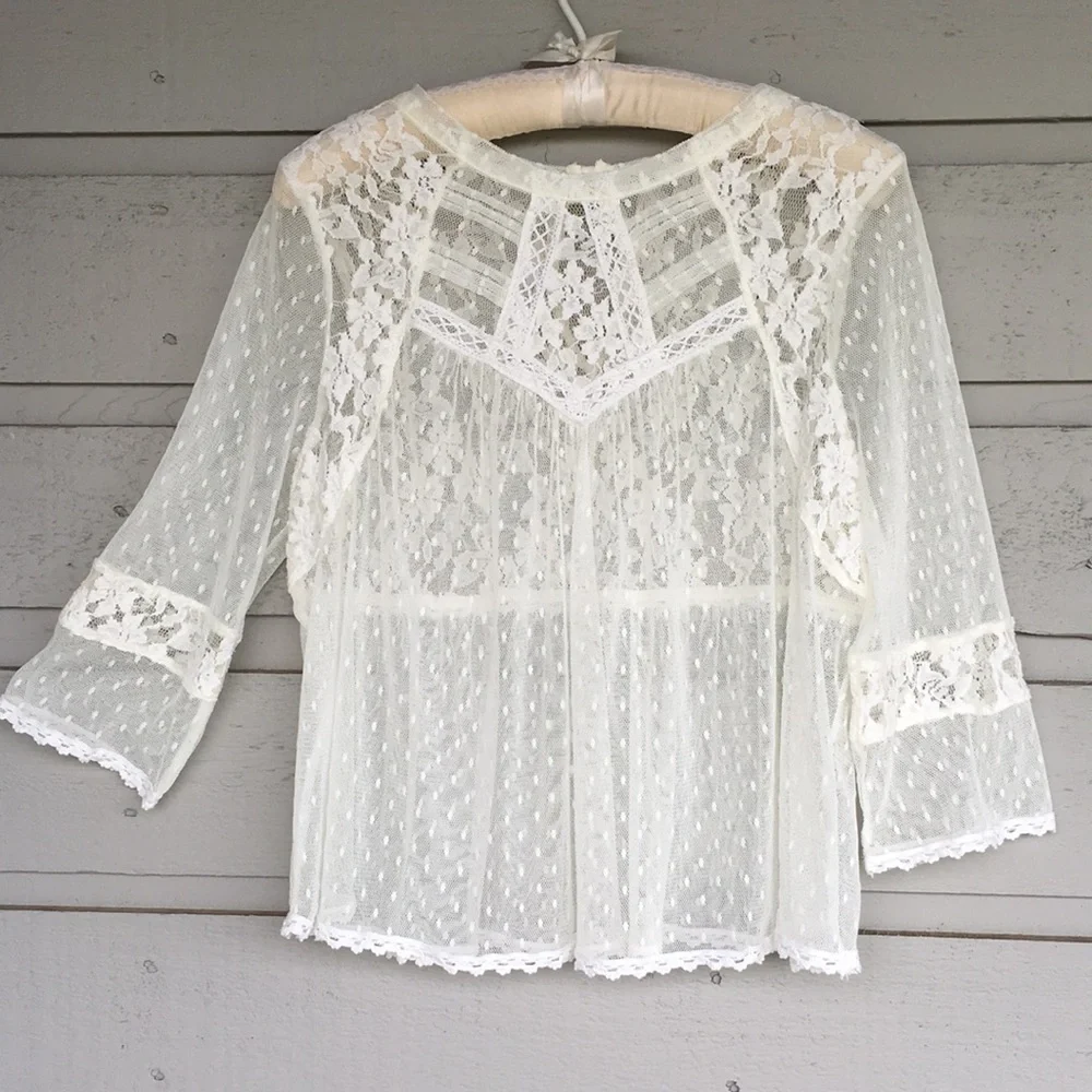 FREE PEOPLE BOHO IVORY/OFF WHITE MODERN ROMANCE SHEER LACE TOP - Picture 5 of 13